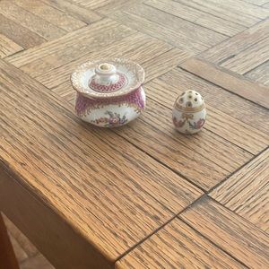 Antique Dresden china salt bowl and shaker